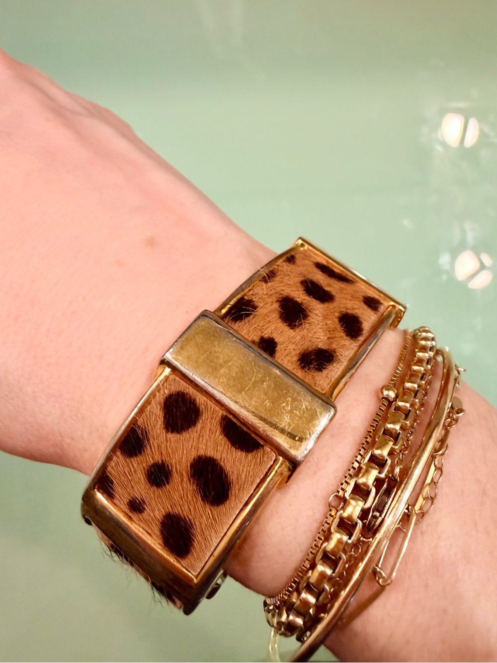 J.Crew Bracelet Cuff Clamp Animal Leopard Print Fur Gold Tone